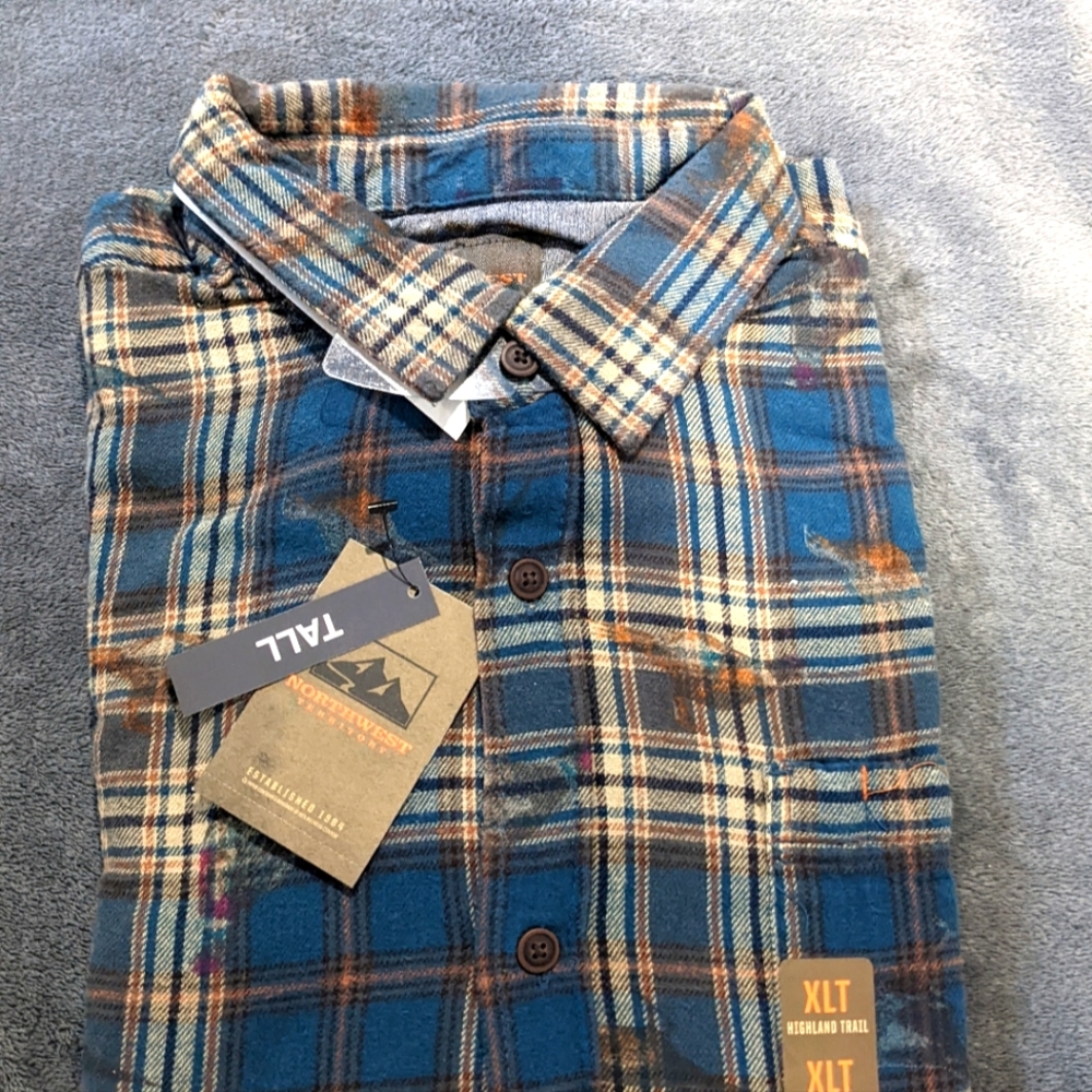 Men's Flannel, size XL tall, blue with bird print, Northwest Territory brand